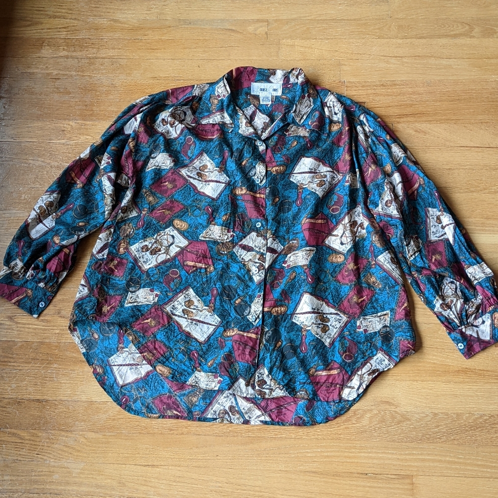 Louise Paris 100% Silk Author Poet Button Up Blouse in Blue Red Cream